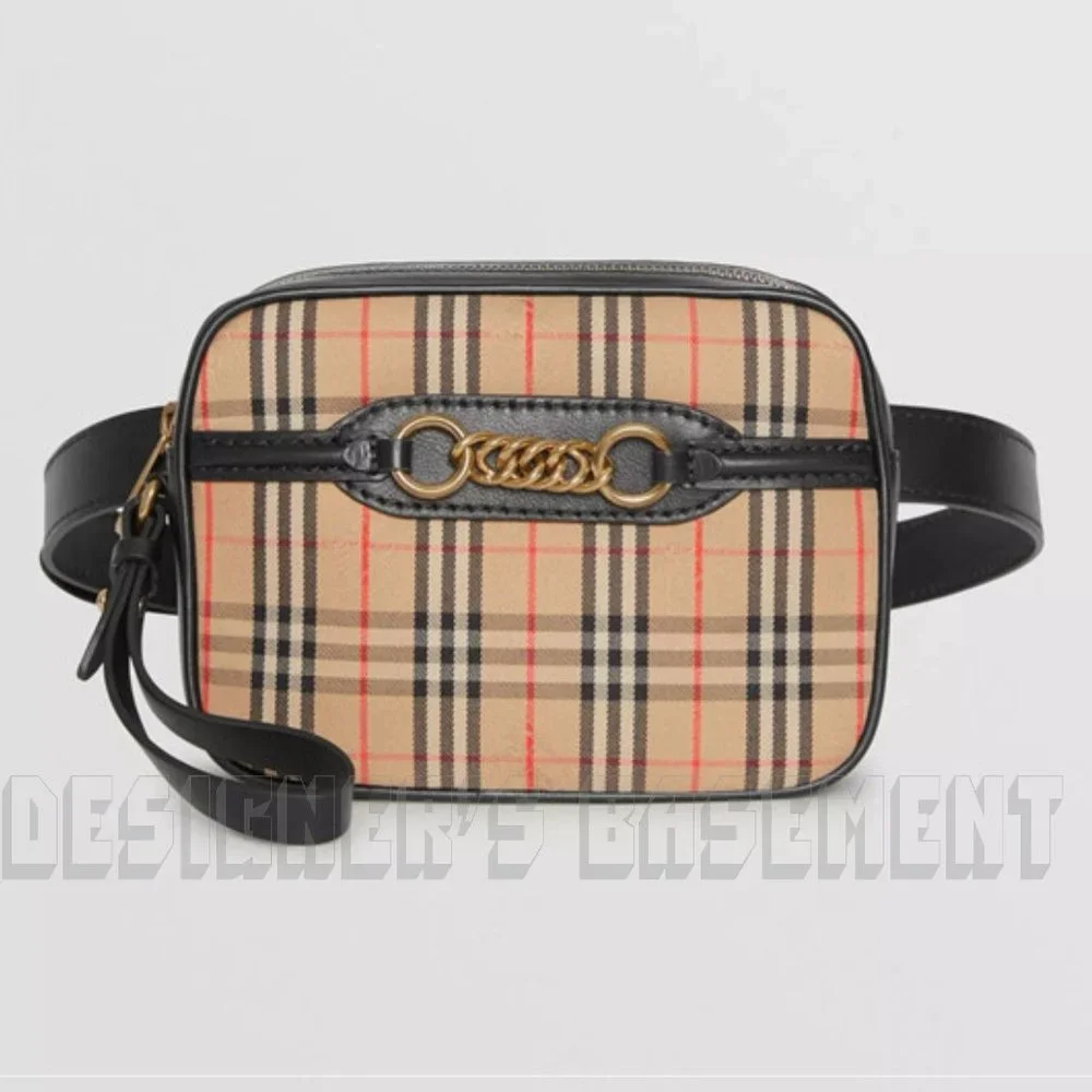 BURBERRY black leather LINK 1983 beige canvas Equestrian Knight Check Belt Bag - Picture 5 of 12